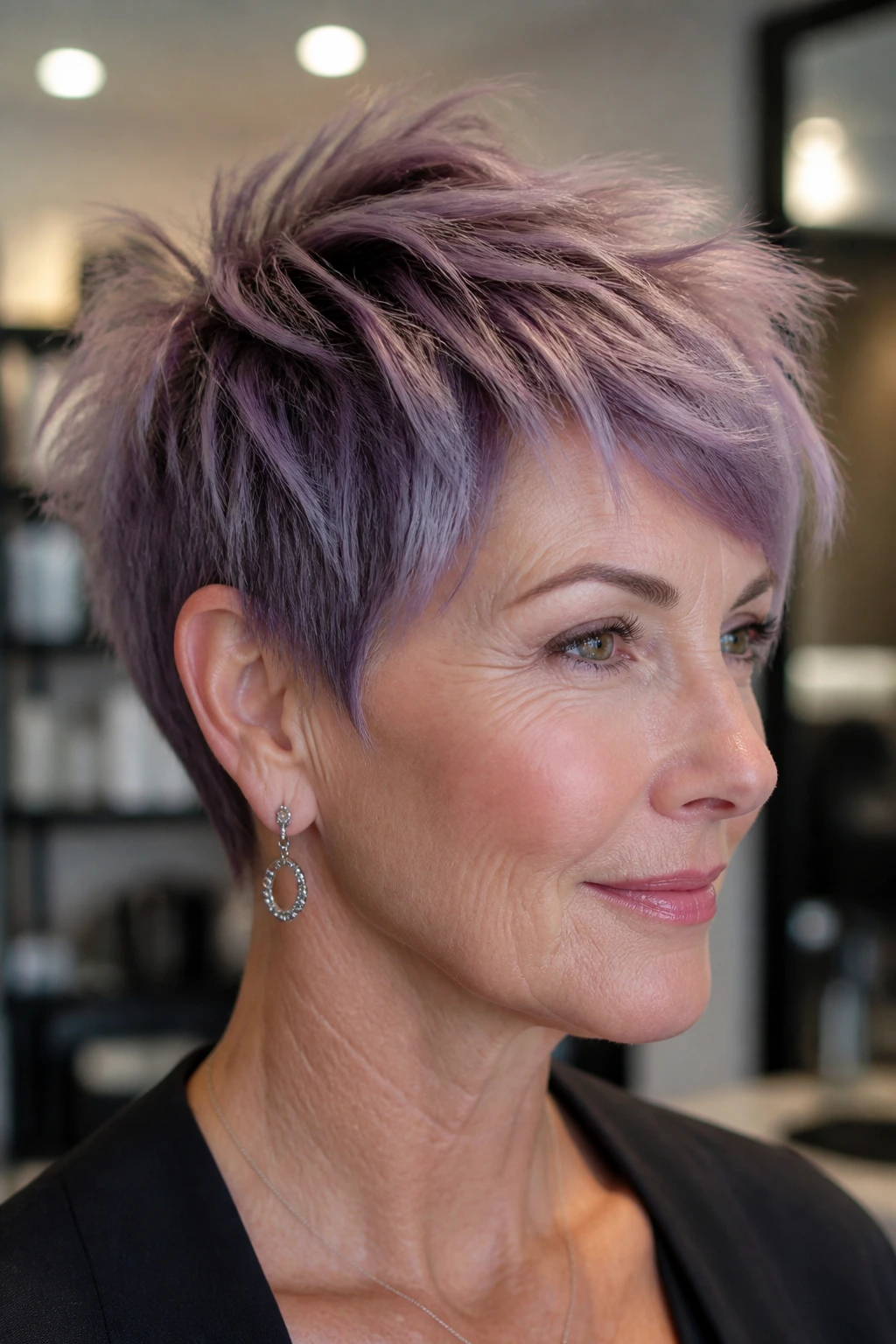 Real-model portrait showing smoky orchid pixie with subtle razor texture