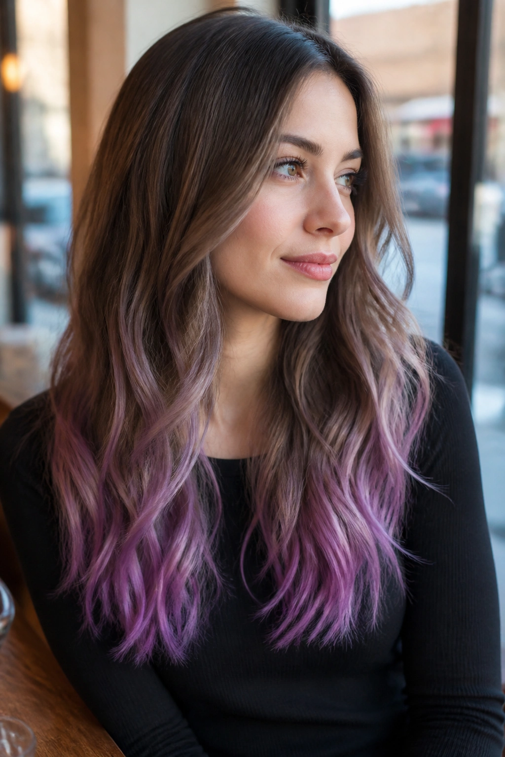 Close-up of a real woman with orchid purple to lavender dip-dyed ends on long hair.