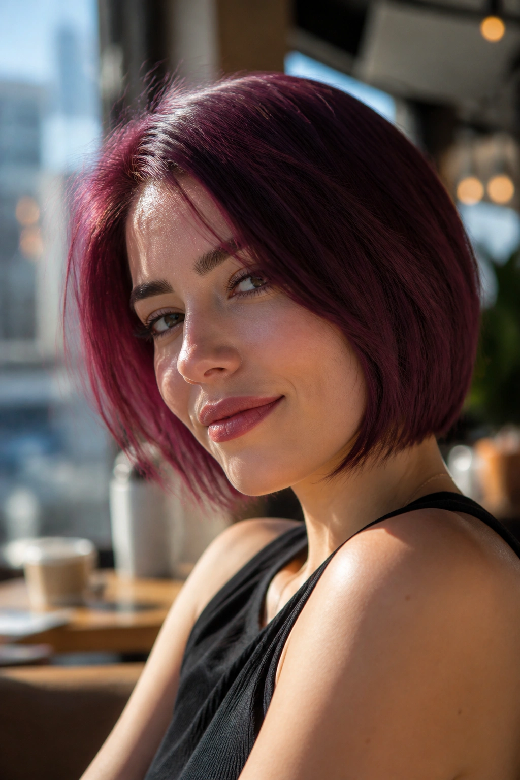Portrait of a real woman with Orchid Red hair in a sunlit cafe