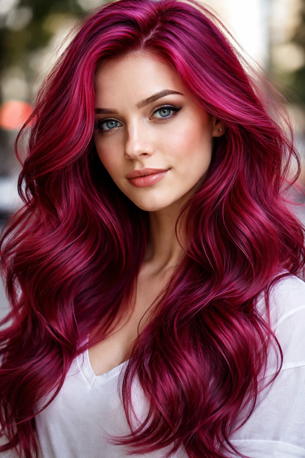 Close-up portrait of a real woman with Orchid Red hair color in pink-violet tones.