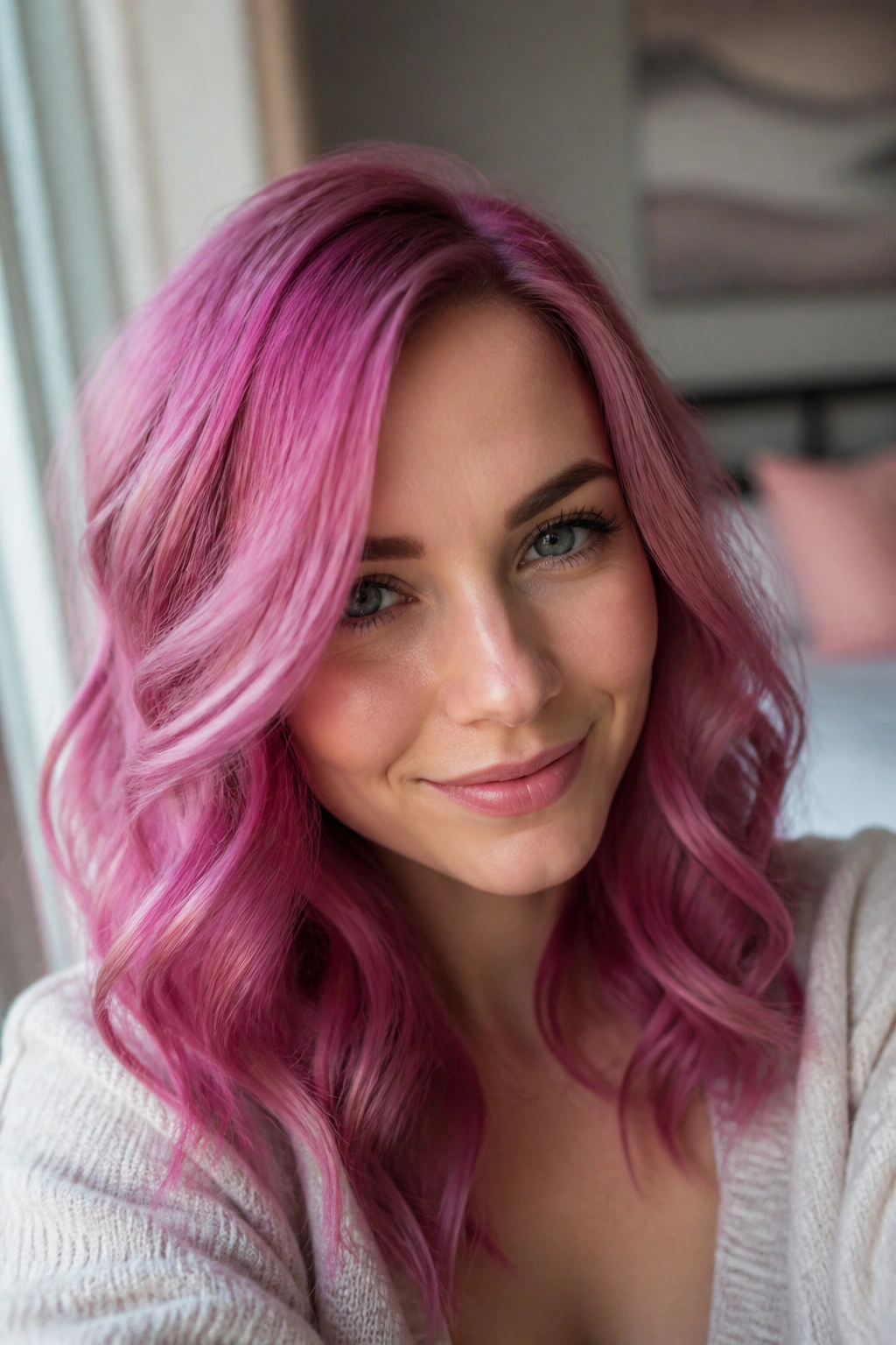 Close-up portrait of a real woman with orchid rose hair color in soft waves