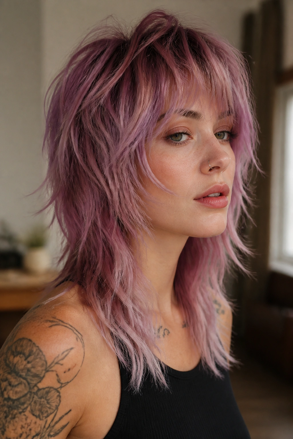 Close-up of person with frosted orchid shag hairstyle in natural sunlight