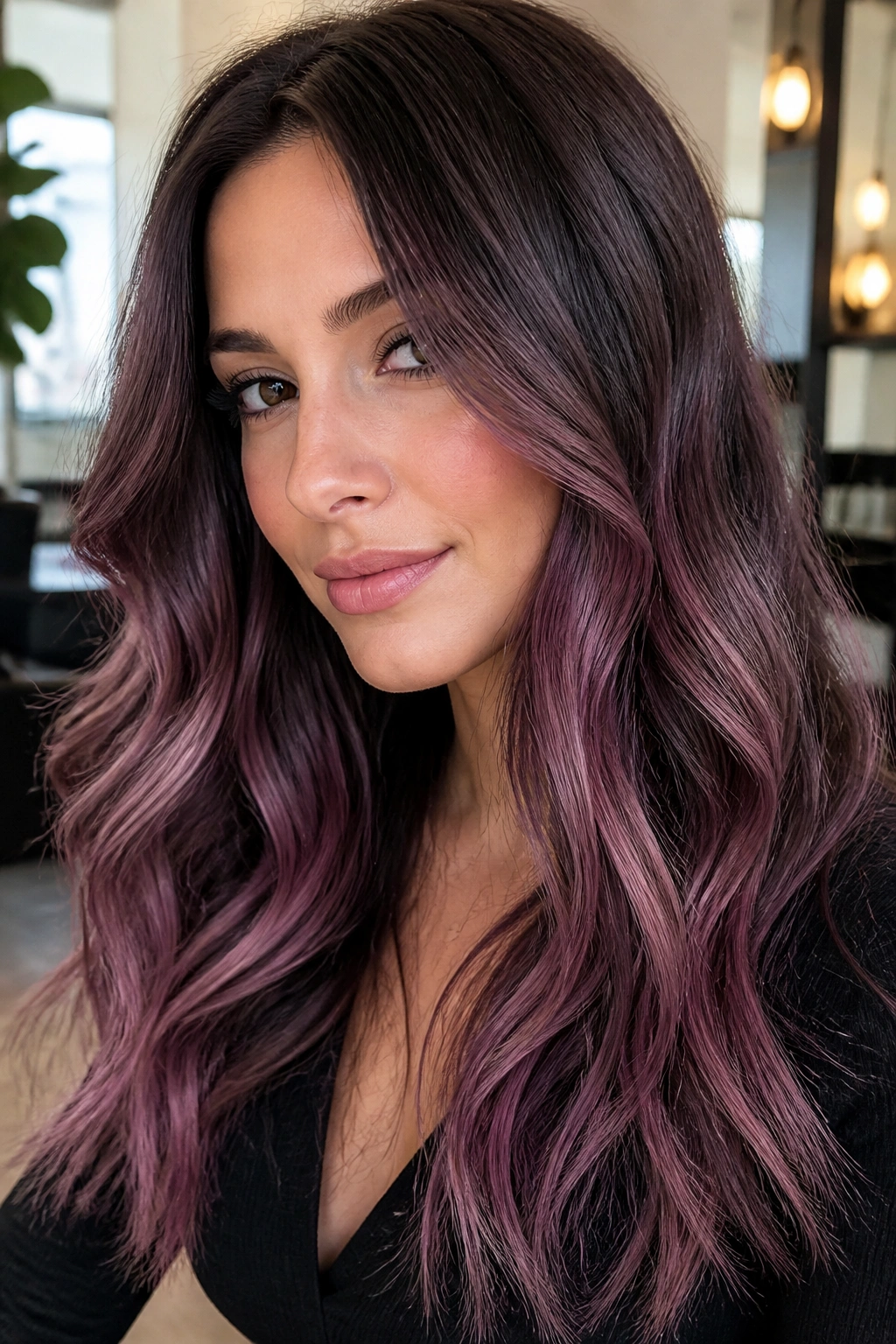 Close-up portrait of a real woman with orchid smoke balayage on brown hair