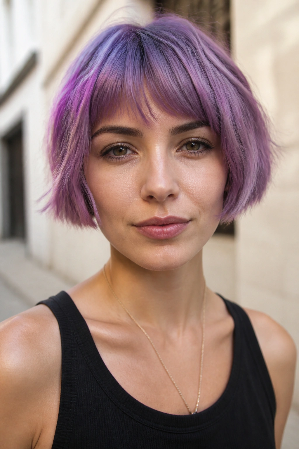 Close-up of a woman with orchid textured micro bob