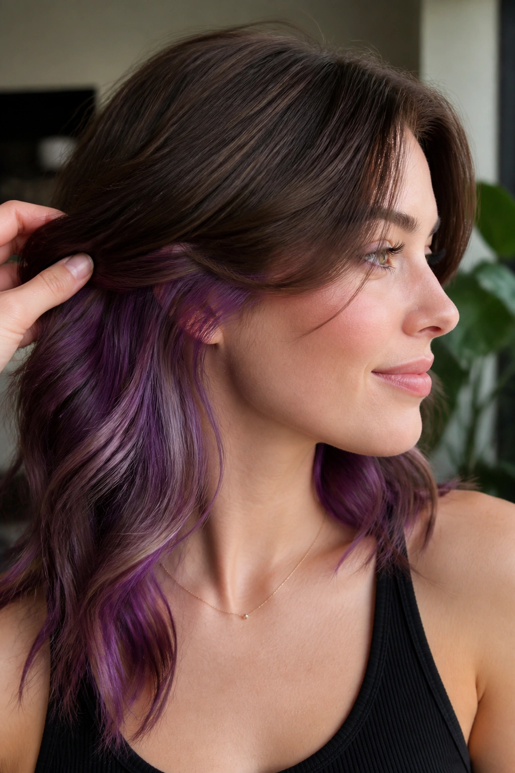 Close-up of real person showing orchid underlights beneath the top hair layer