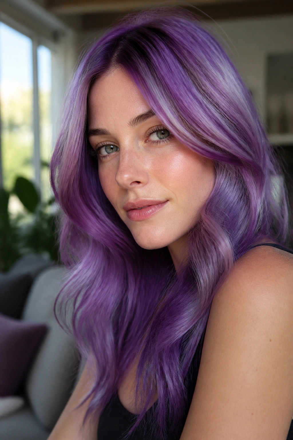 Portrait of a woman with orchid violet hair and glossy shine.