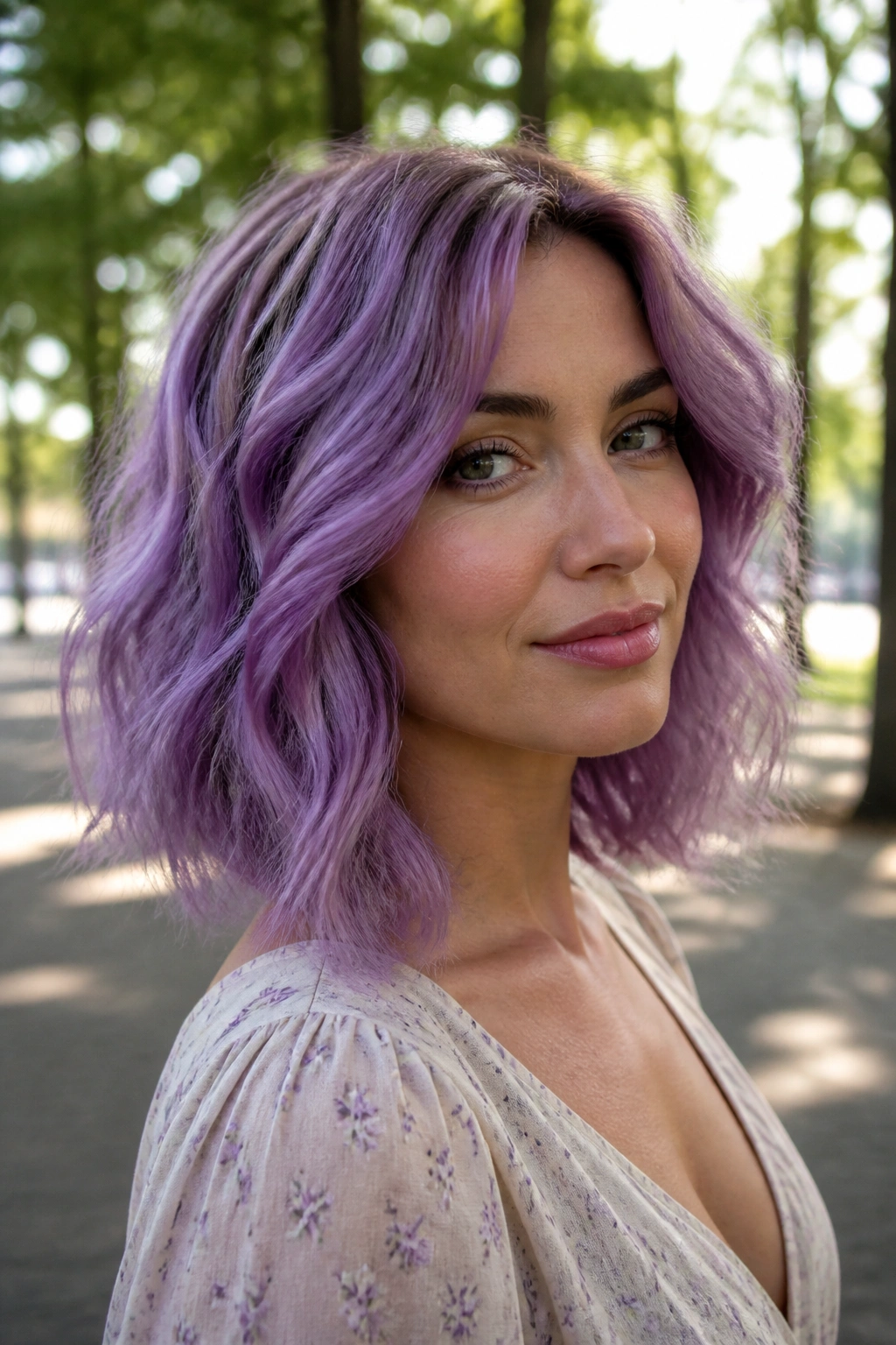 Portrait of a woman with wavy orchid lob in purple