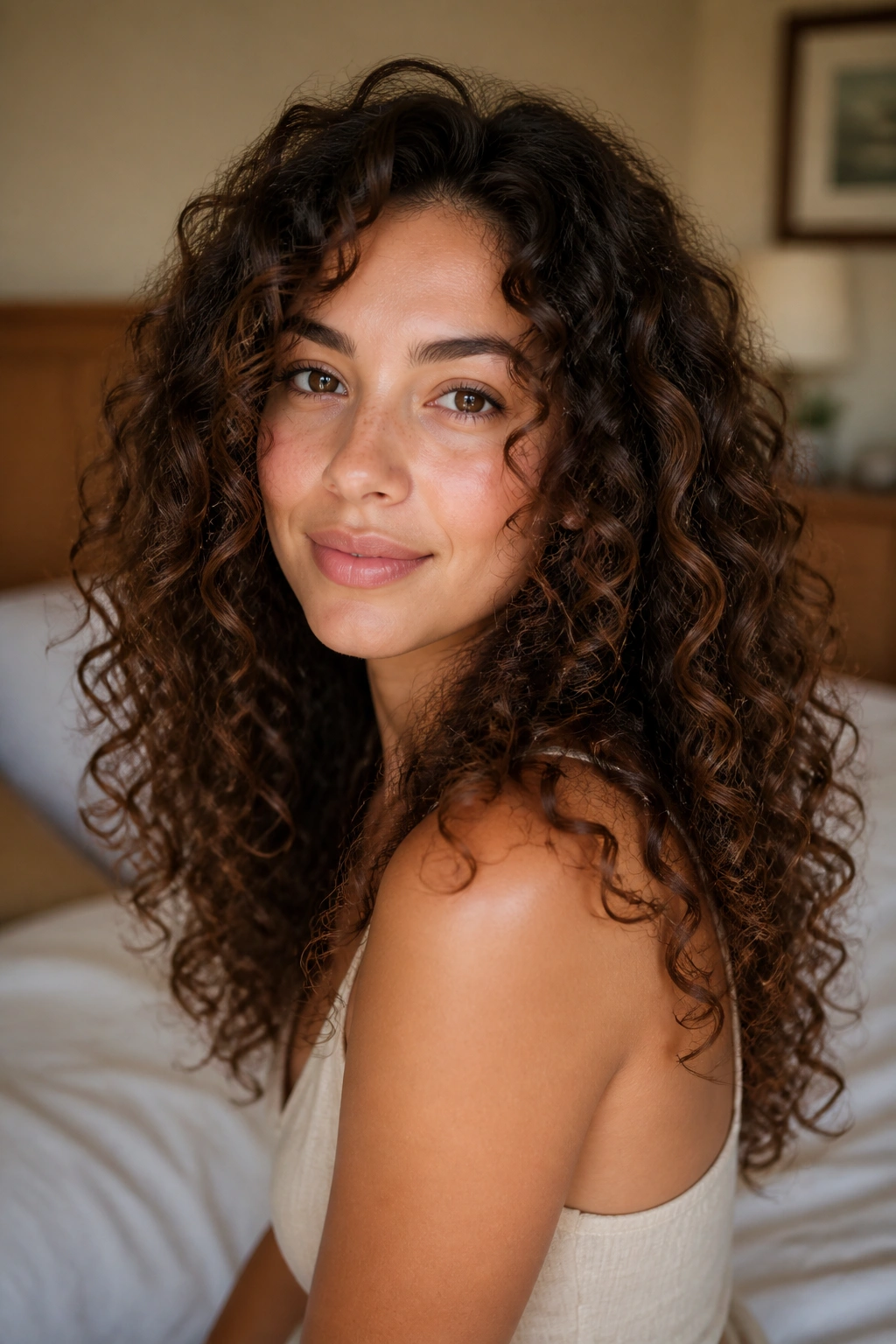 Close-up of a real woman with oval-curly silhouette hair balanced around the head