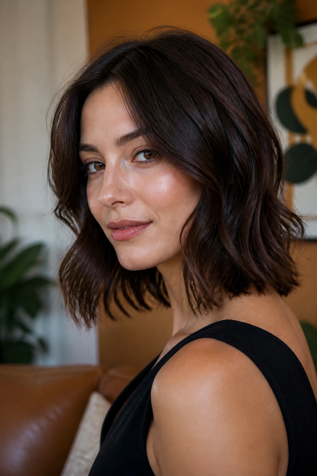 Portrait of a real woman with an oval-face-friendly wavy lob in a soft living room setting.