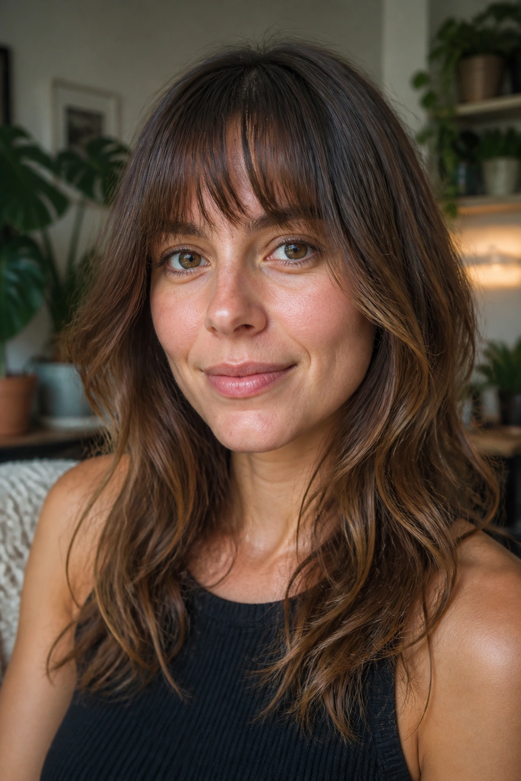 Close-up of a real woman with overgrown French fringe near the brow