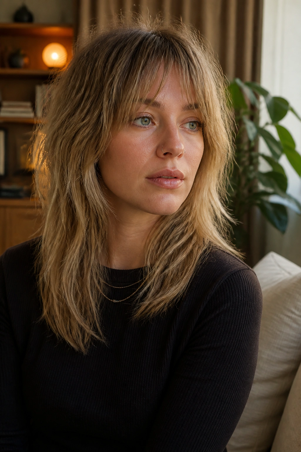 Real woman with overgrown shag and grown-out layers