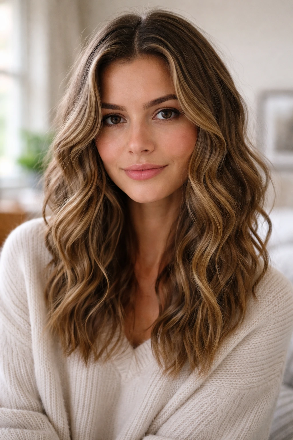 Close-up portrait of a real woman with waves from overnight braids