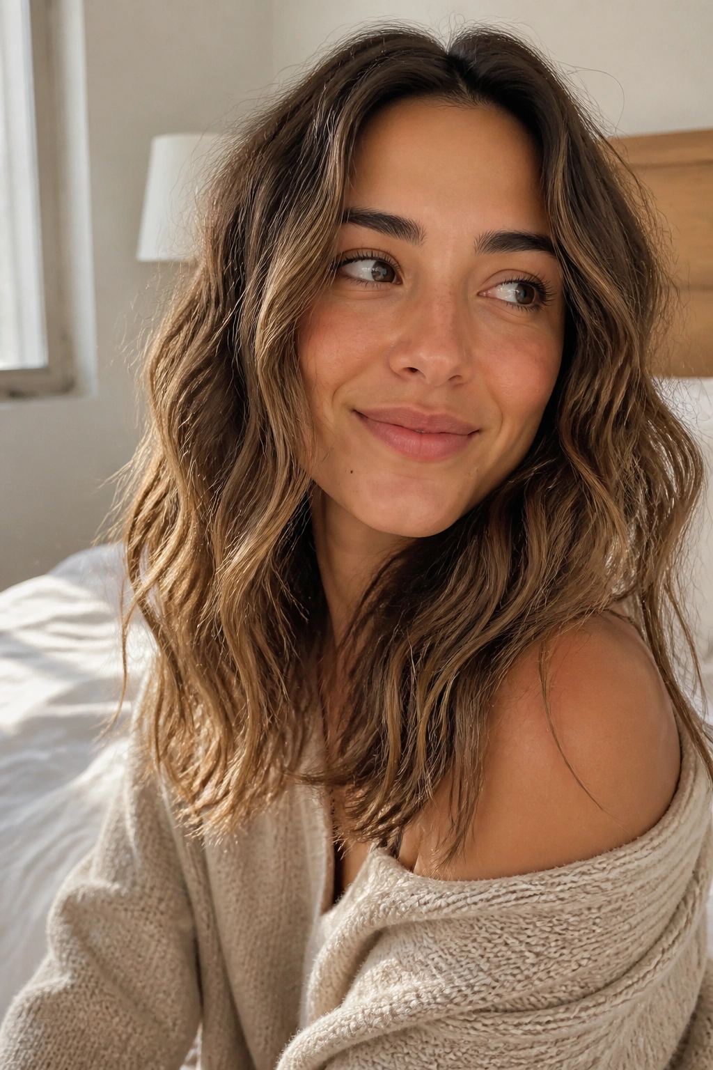 Close-up portrait of a real woman with heatless overnight waves in morning light