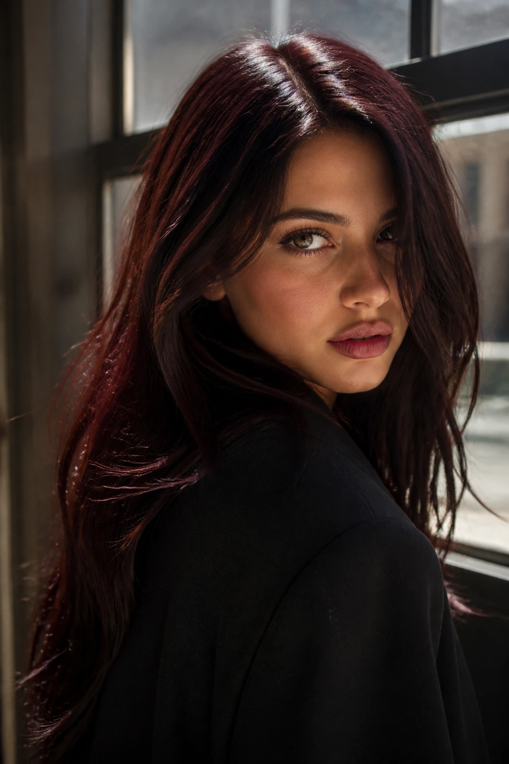 Close-up of a real woman with oxblood brunette hair in sunlight