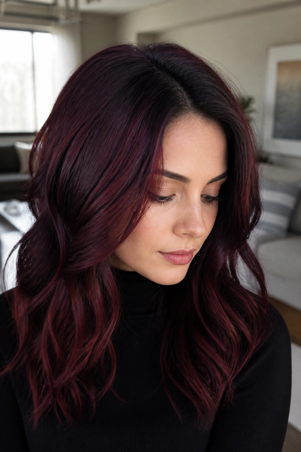 Close-up portrait of a real person with Oxblood Root Shadow hair and smoky wine color.
