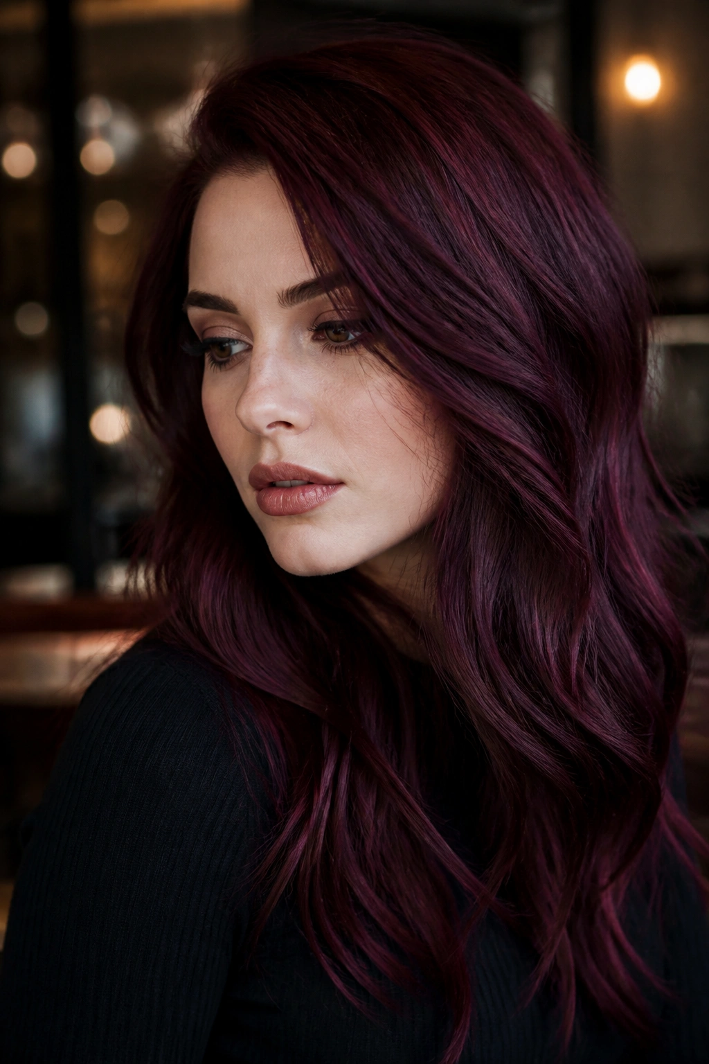 Portrait of a real woman with Oxblood Violet hair in a chic cafe