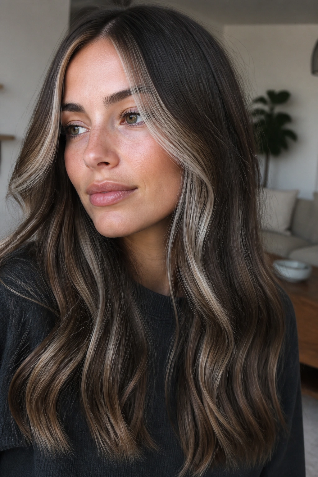 Portrait of a woman with oyster blonde panels on brown hair