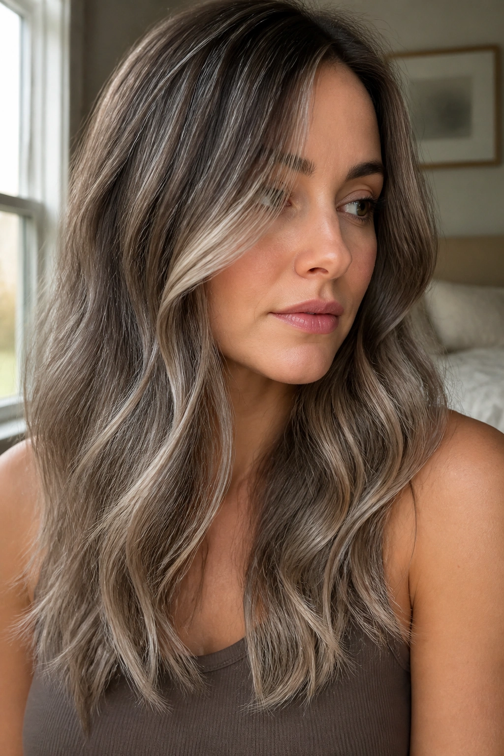 Close-up of a real woman with oyster gray balayage on light brown hair under warm window light