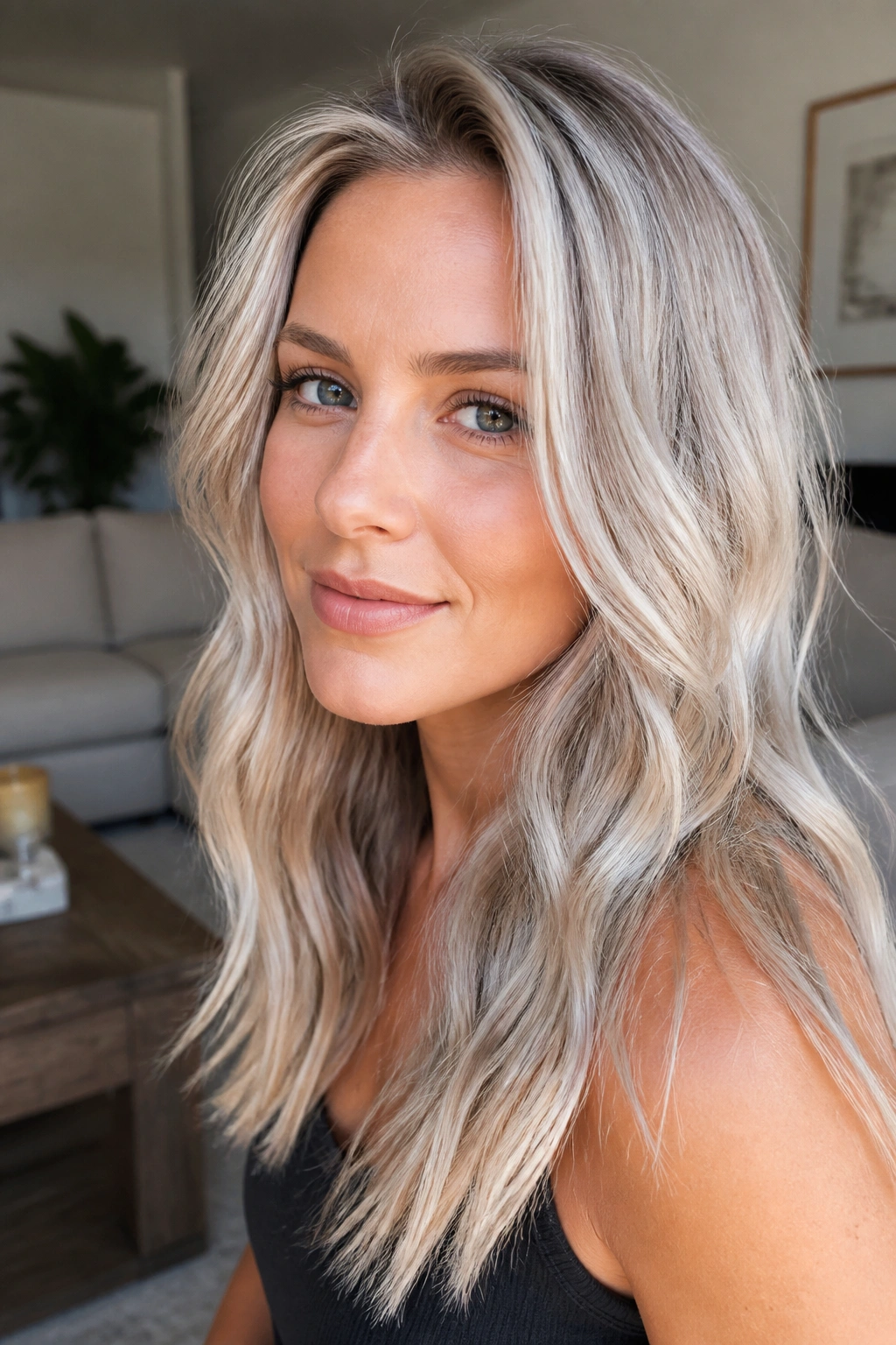 Close-up portrait of a real woman with oyster shell blonde hair in soft light