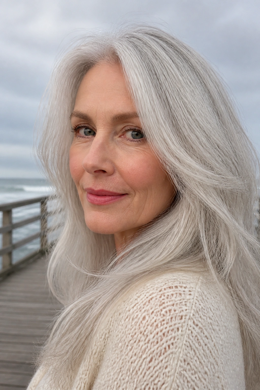 Close-up portrait with oyster shell white hair by the seaside.