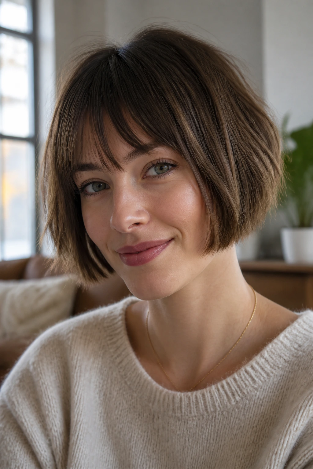 Close-up portrait of a real woman with a jaw-length modern pageboy bob in warm window light