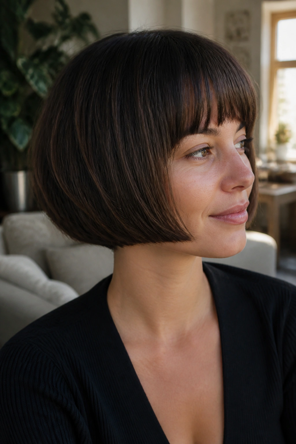 Close-up of real woman with pageboy French bob rounded-under silhouette