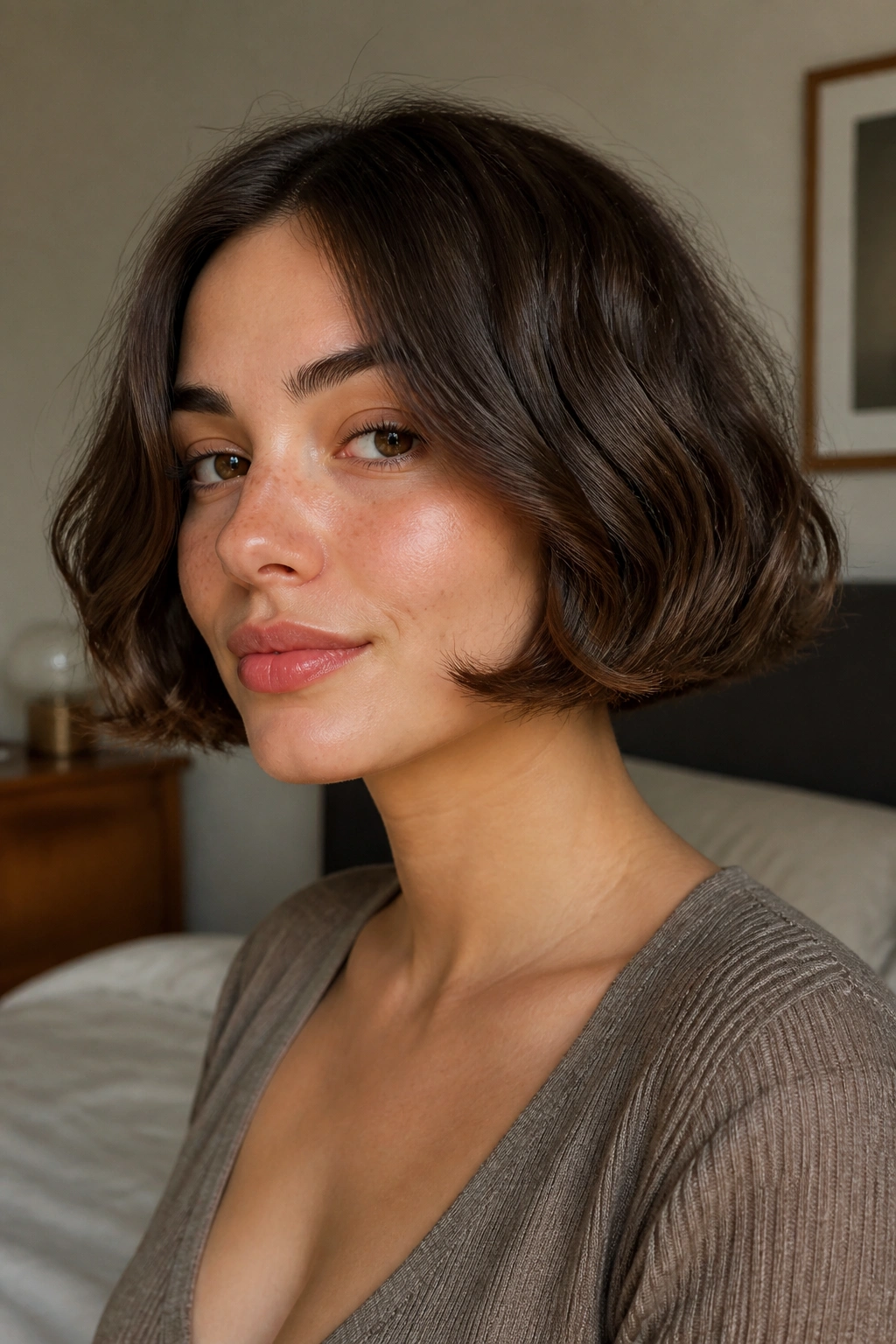 Close-up portrait of a real person with a pageboy bob and soft waves, jawline framed by curves, warm light in bedroom.