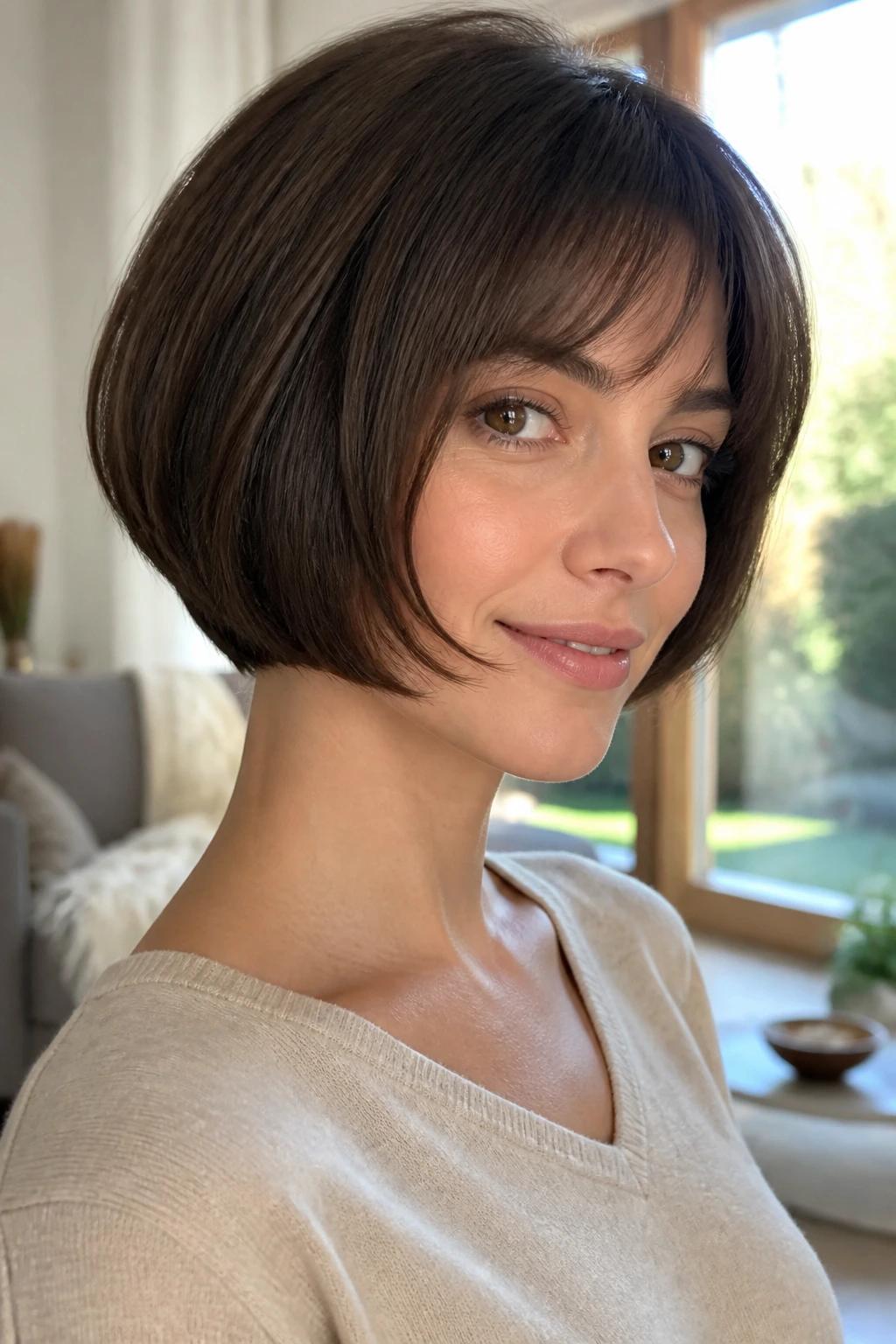 Portrait of a real woman with a pageboy cut and soft curve in window-light setting