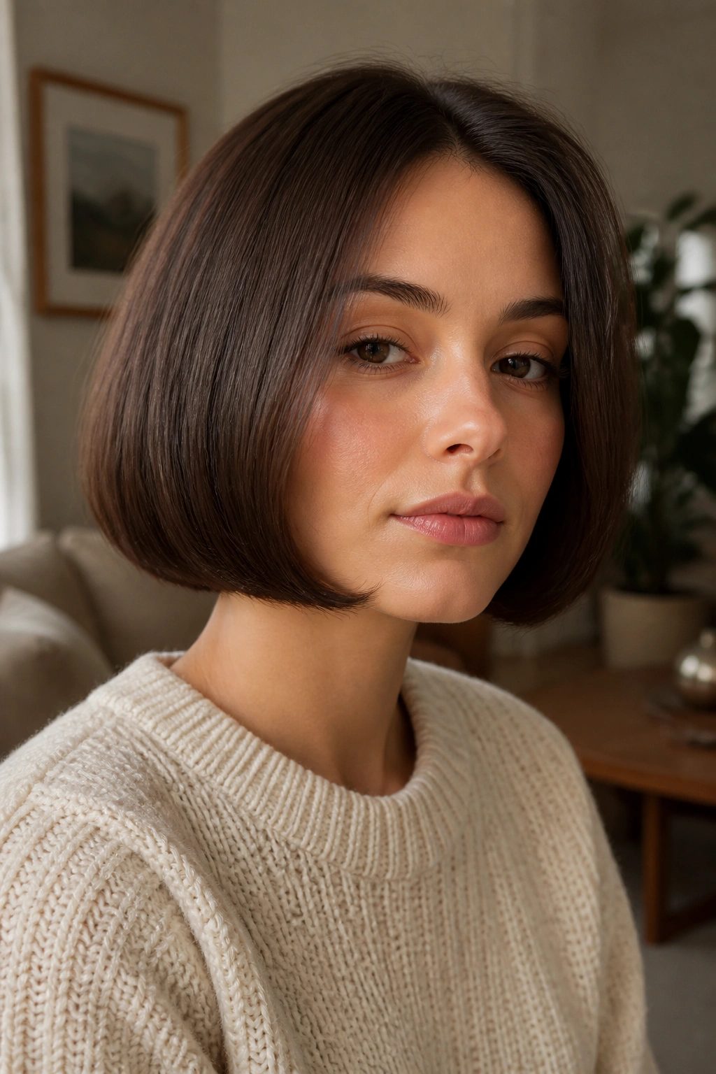 Close-up of a real woman with pageboy cut in a cozy living room