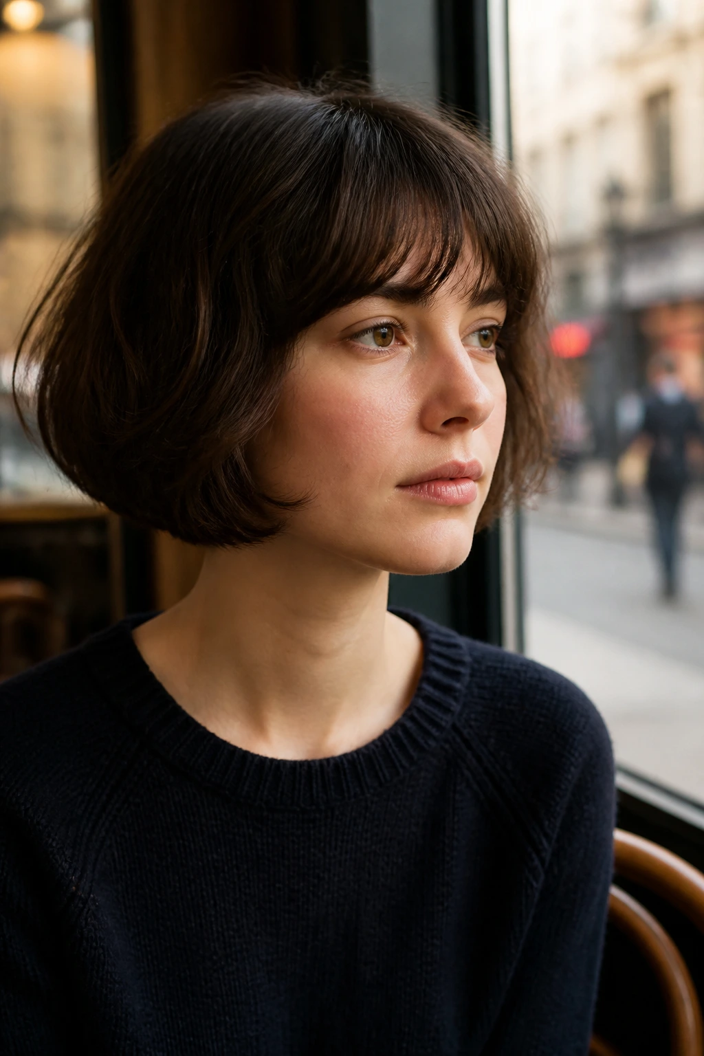 Real person with pageboy cut and soft ends by cafe window light