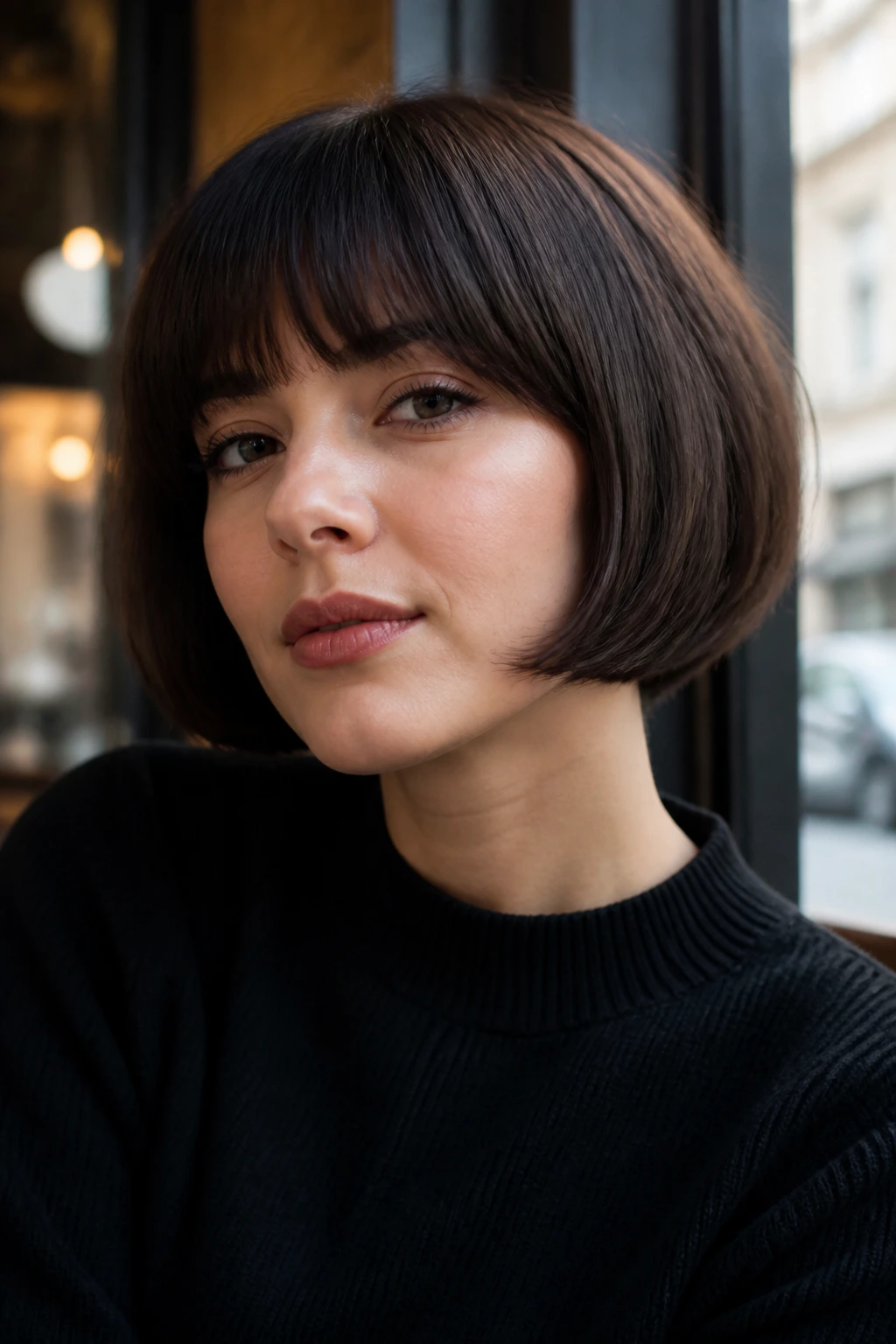 Close-up portrait of a real woman with a rounded Pageboy cut and fringe.