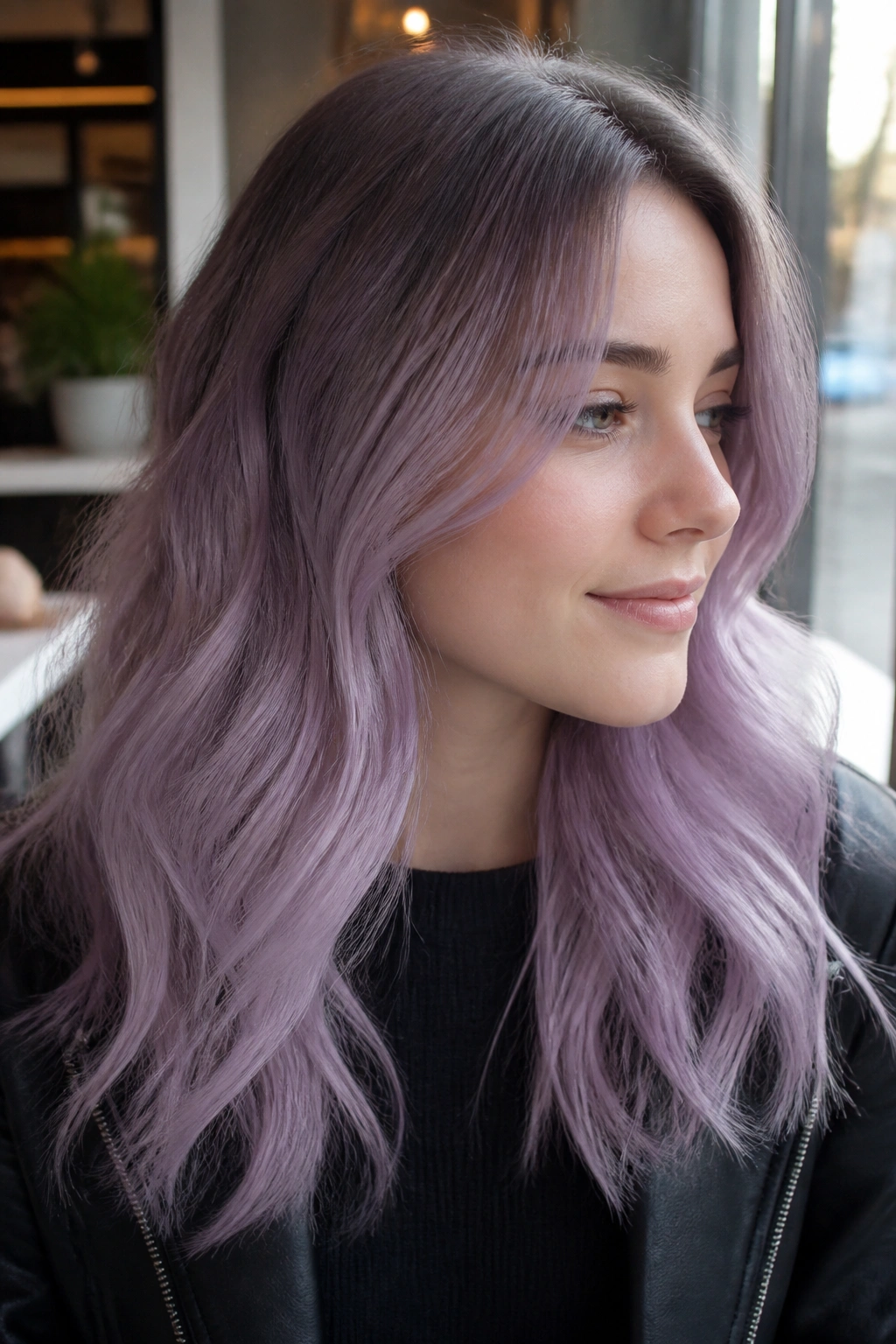 Close-up of a real woman with pale amethyst hair and cool mushroom root shadow.