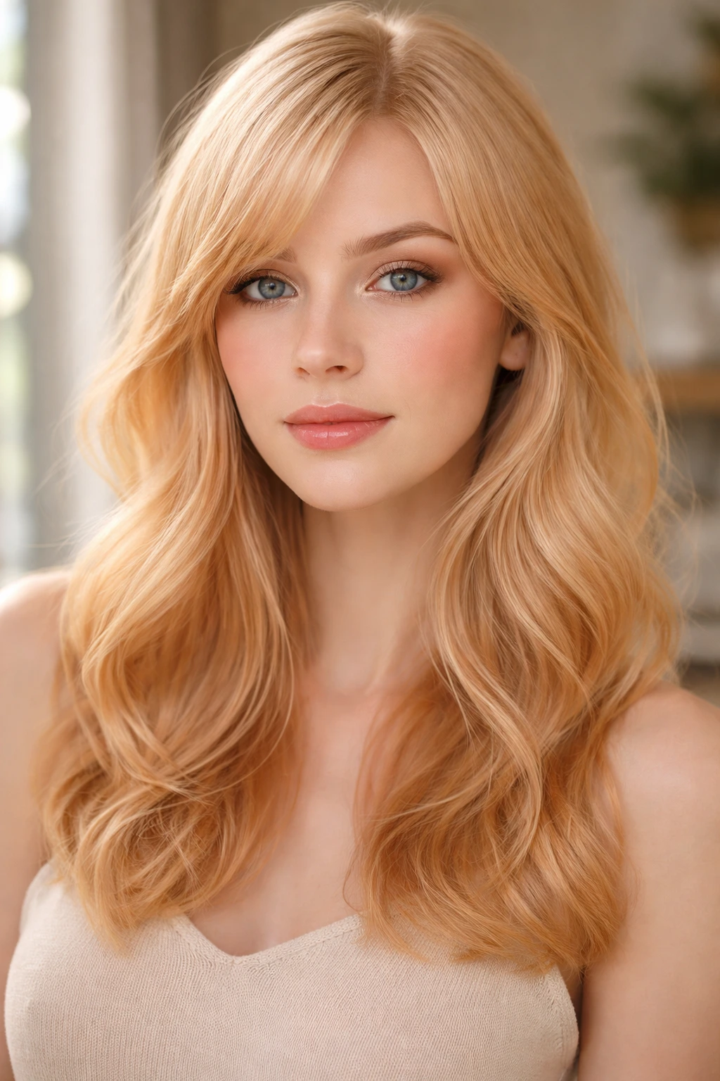 Close-up portrait of a real woman with pale apricot blonde hair in soft light