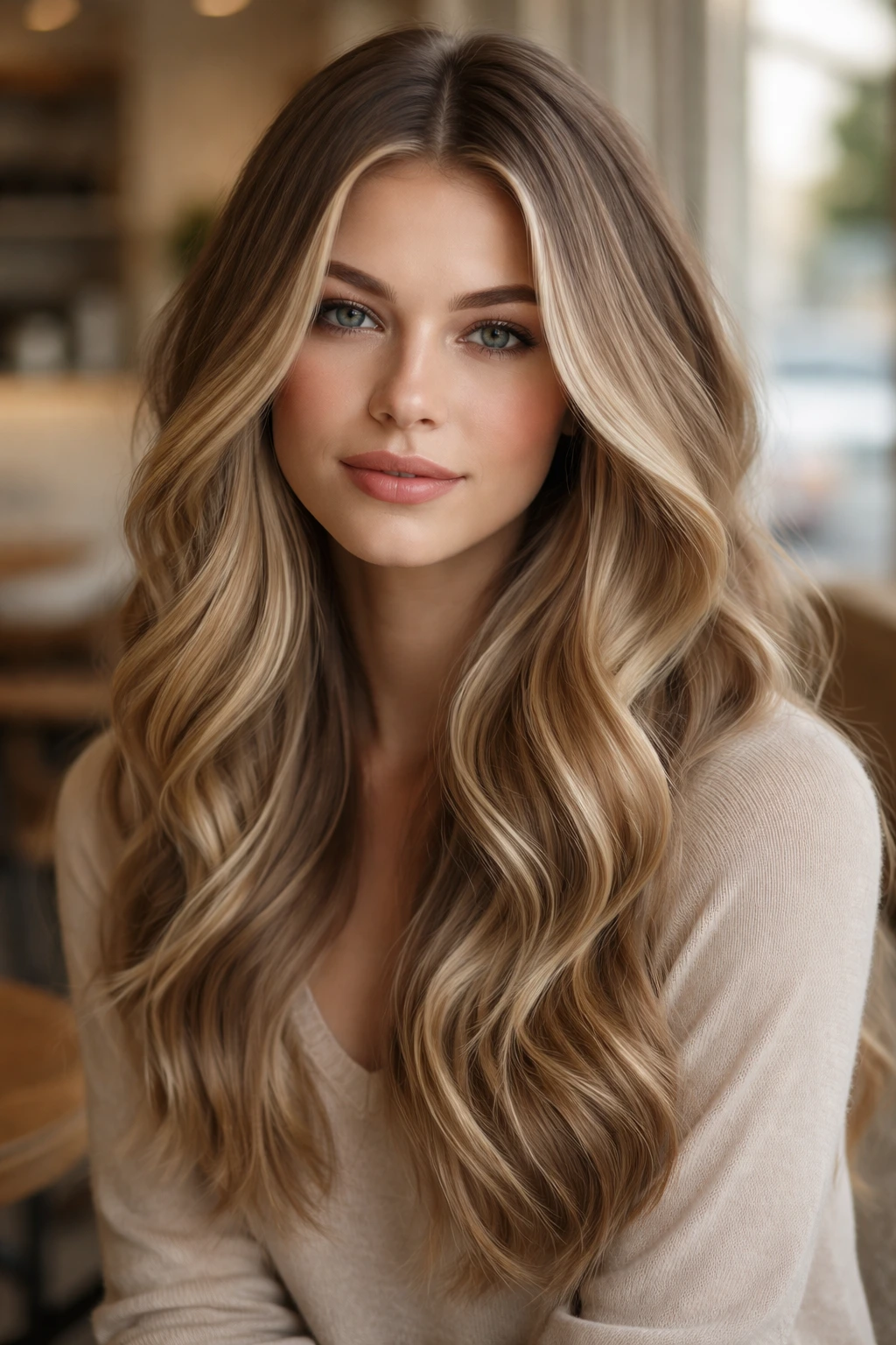Close-up of real woman with pale beige balayage on dark blonde hair