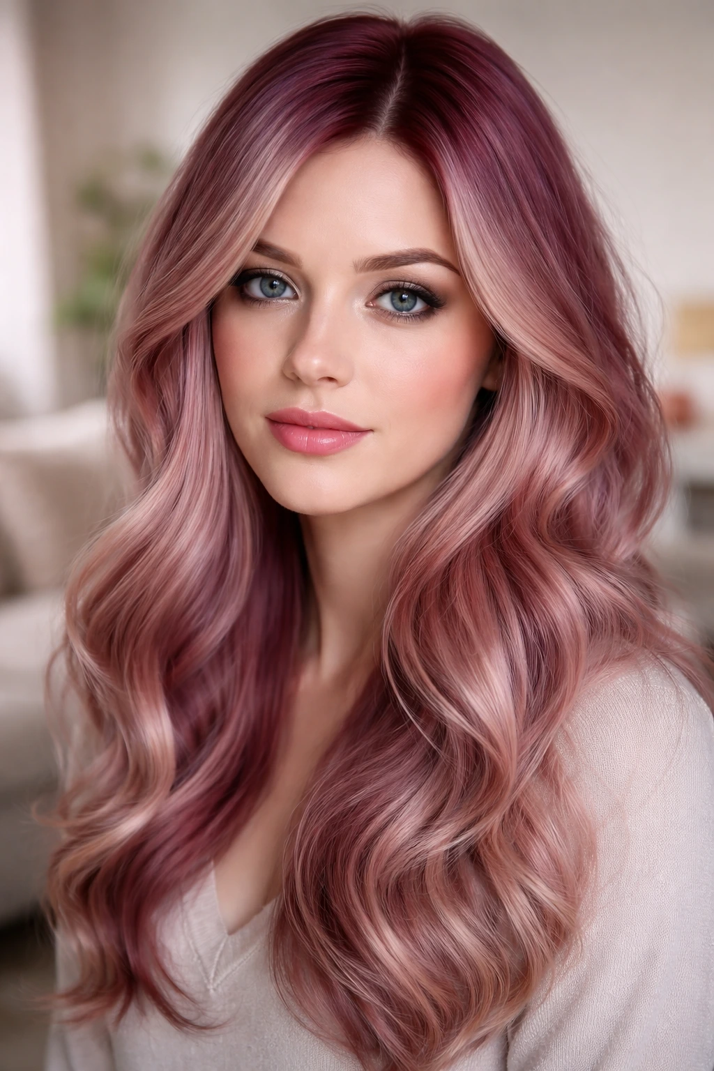 Close-up of a real woman with pale burgundy-blonde hair in a soft-lit room