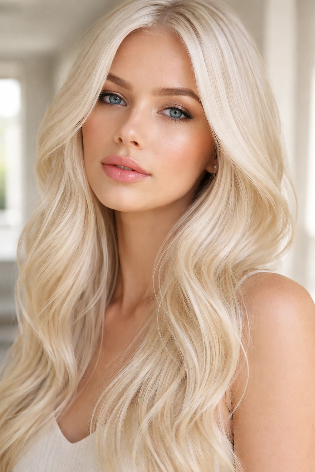 Close-up portrait of a woman with pale buttercream blonde in bright hallway light