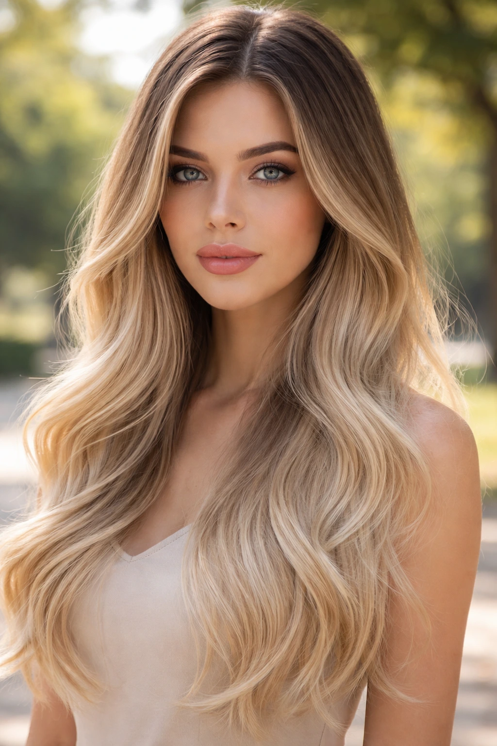 Close-up of a real woman with pale champagne ombre from dark roots to light ends