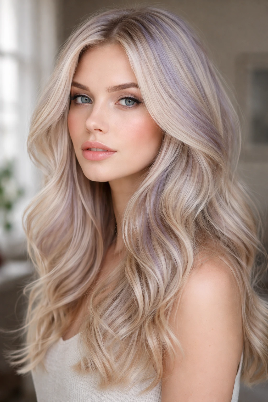 Real woman with pale champagne blonde hair and periwinkle babylights