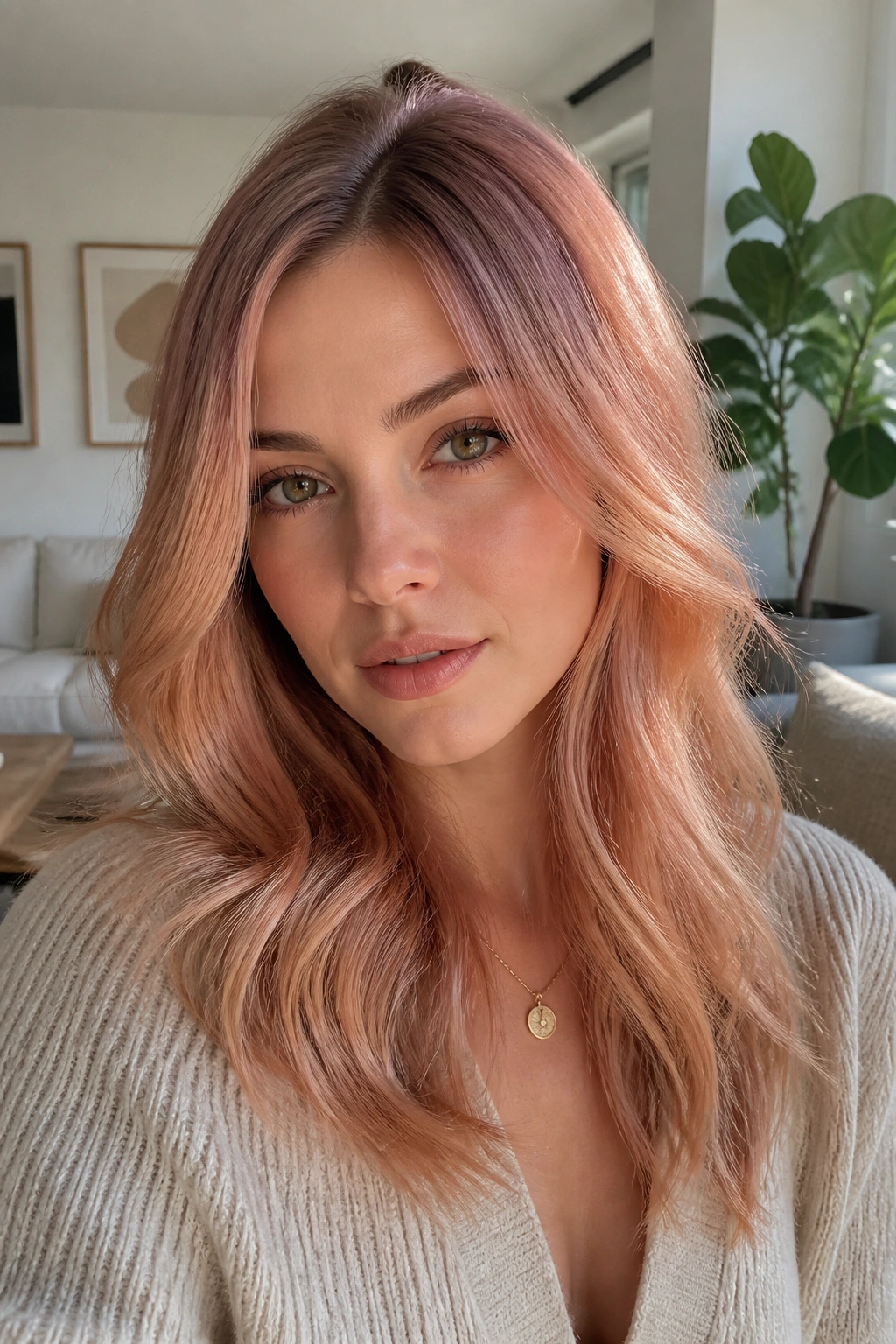 Real person with pale copper hair and violet-shadow root for balanced warm-cool contrast.