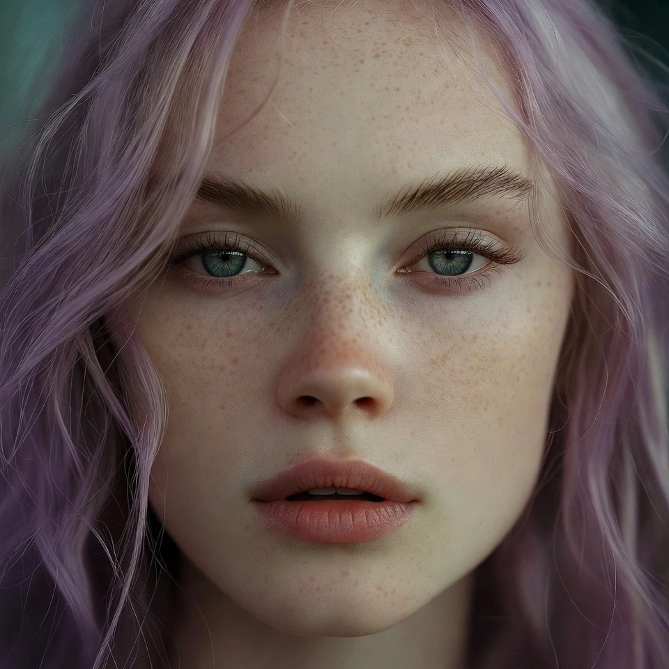 Close-up portrait of a woman with pale lavender hair in a cool-toned room