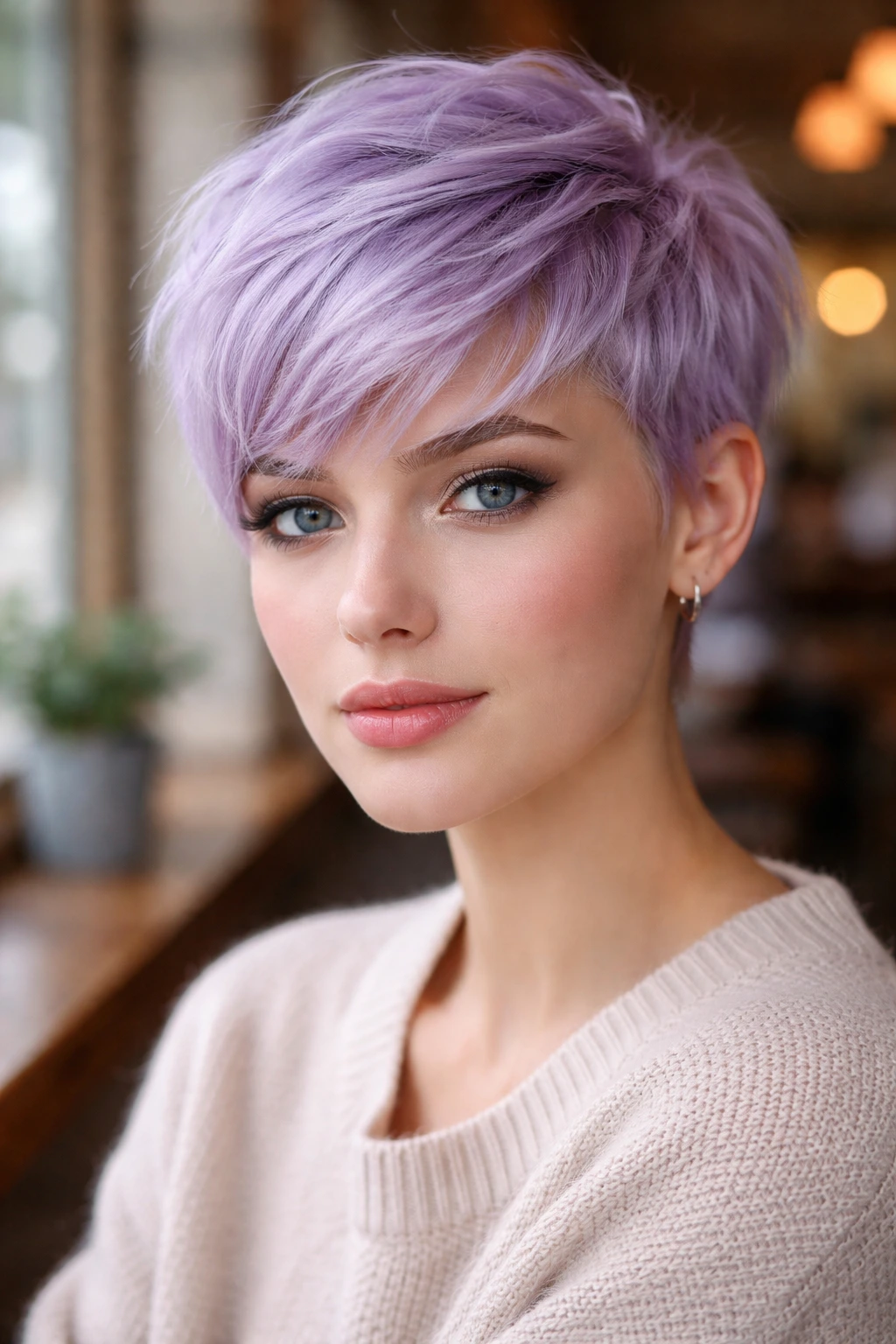 Close-up of pale lavender pixie on real person