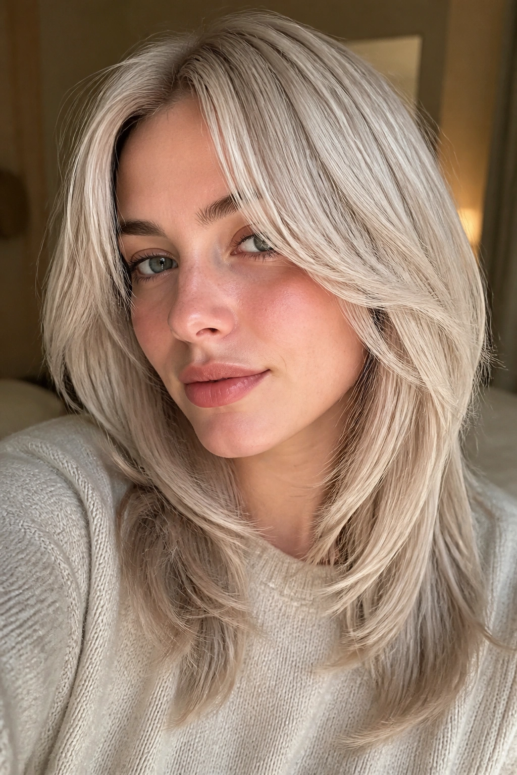Portrait of a real woman with pale oyster blonde and layered ends in natural light.