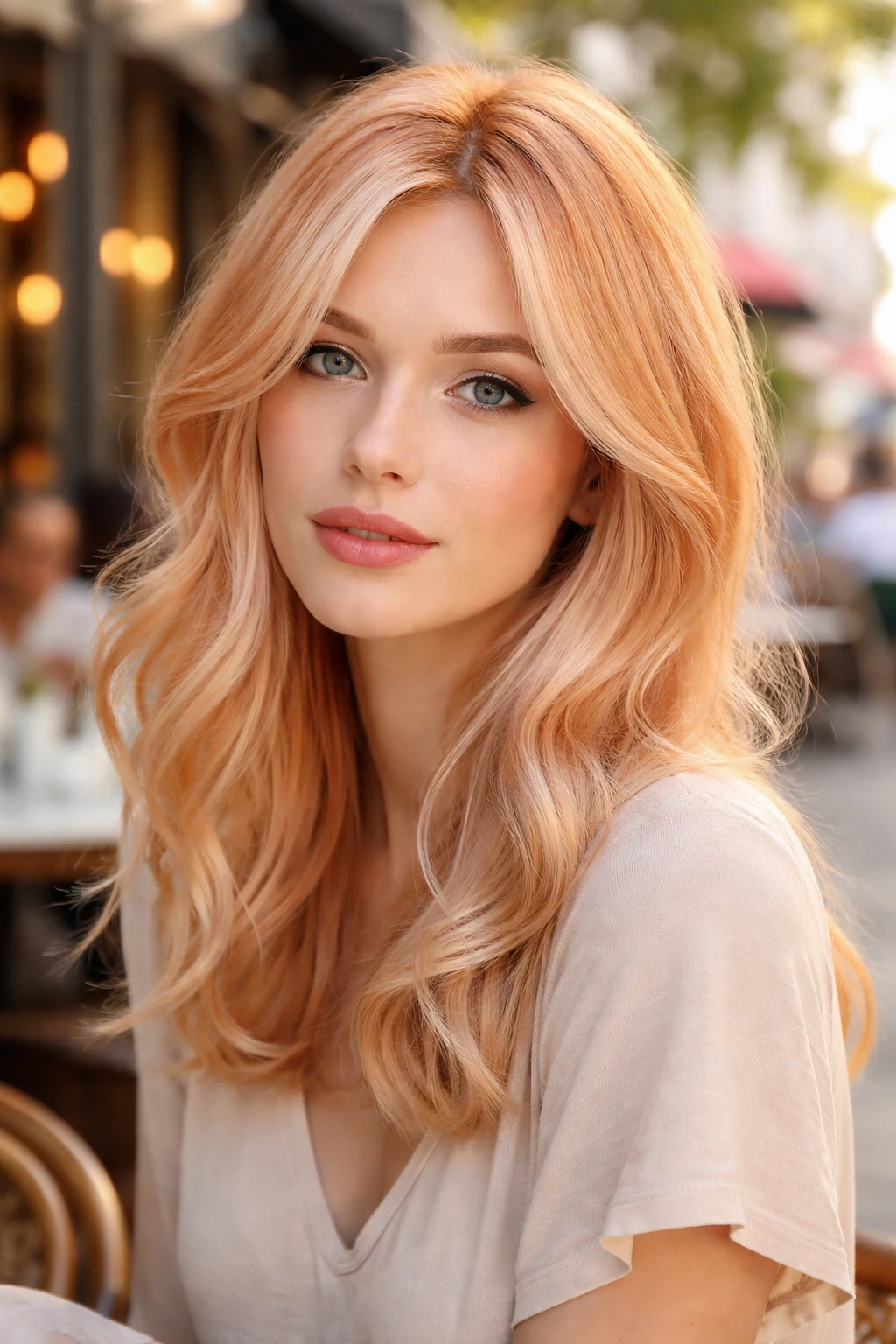 Close-up portrait of a real woman with pale peach hair in soft daylight