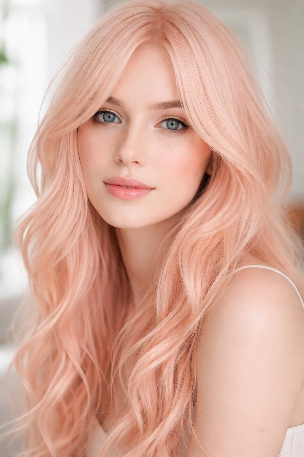 Close-up portrait of a real person with Pale Peach-Pink hair in bright natural light.