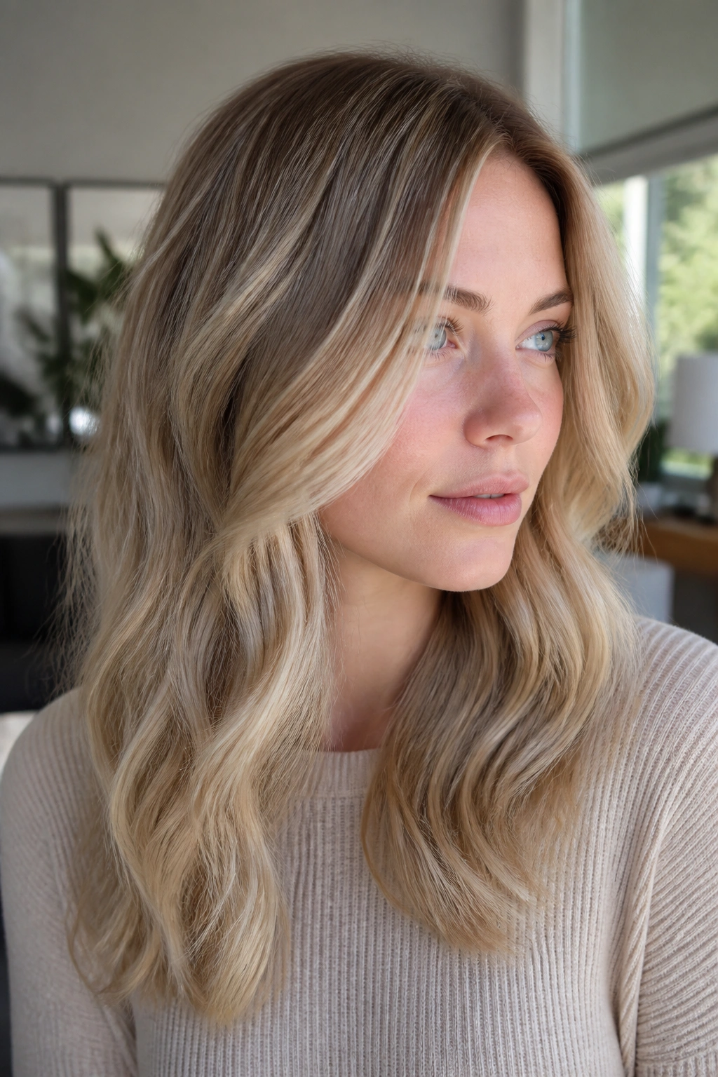 Close-up portrait of a real person with pale sand hair and fine baby lights in natural daylight