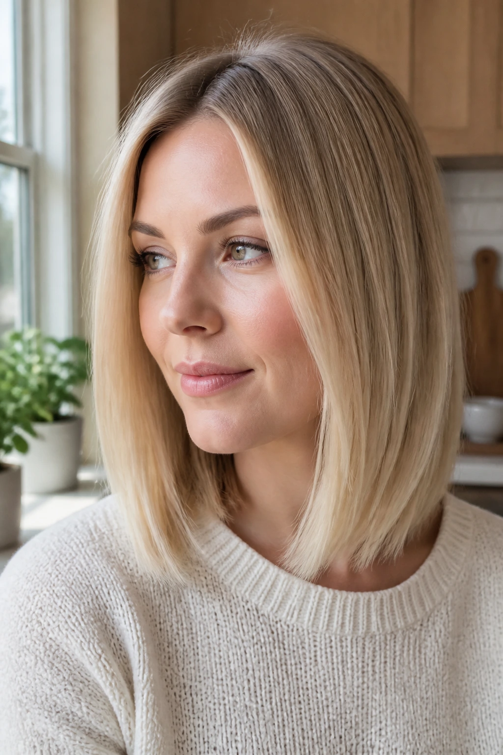 Real woman with pale wheat blonde straight lob in soft kitchen daylight.