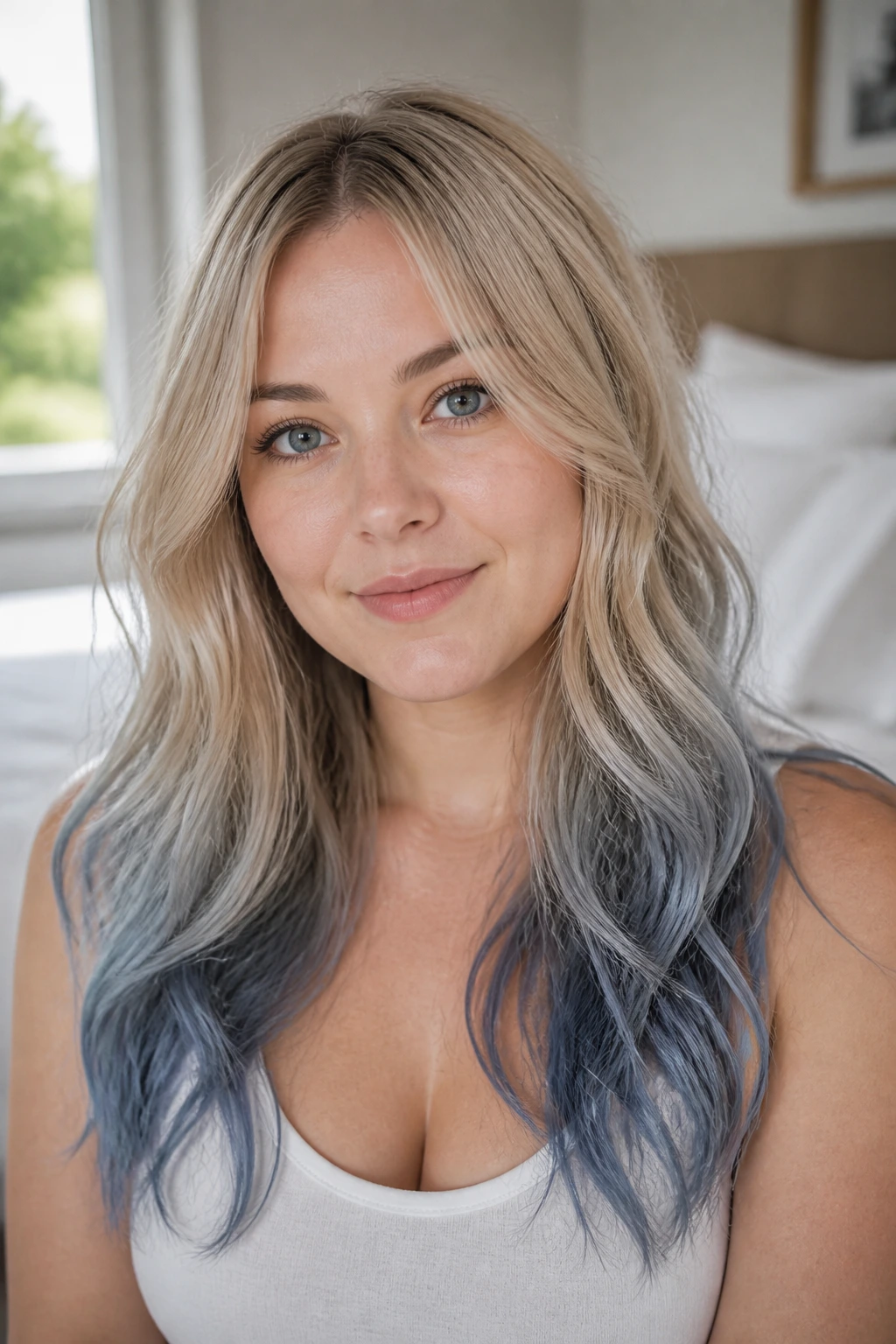 Close-up portrait of a real woman with pale wheat blonde and blue-gray ombre.