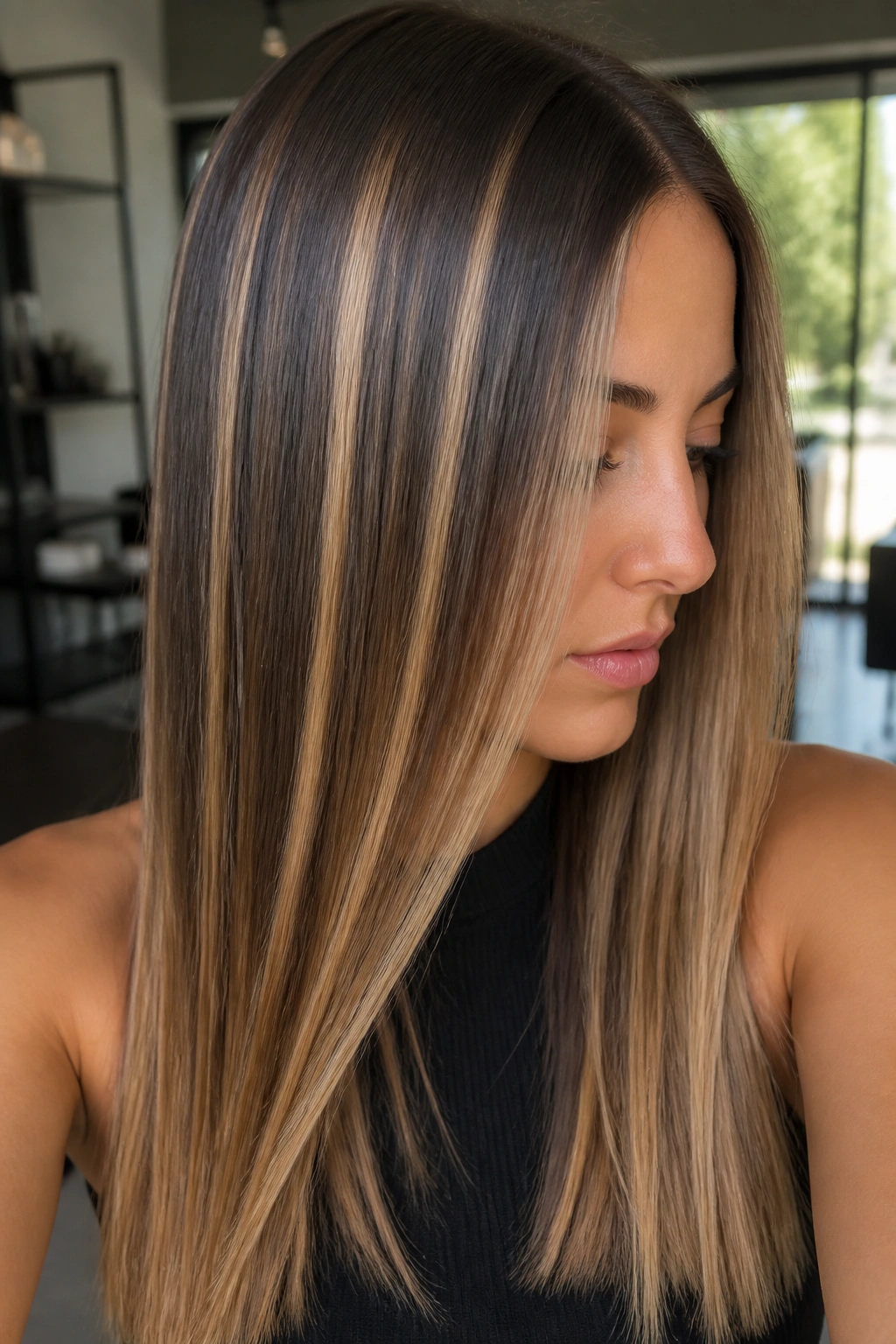 Close-up of a woman with straight hair showing panel highlight lines
