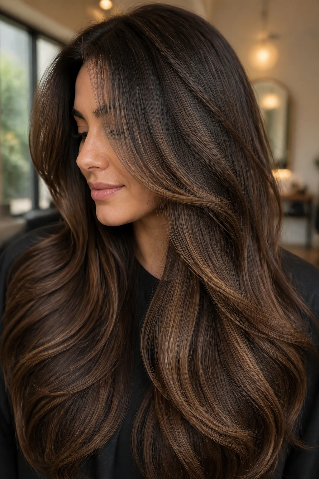Close-up of brunette with thick hair showing wide panel lowlights for air and movement