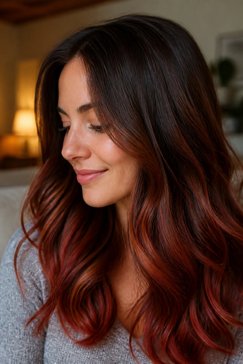 Brunette with paprika-toned lowlights in outer layers